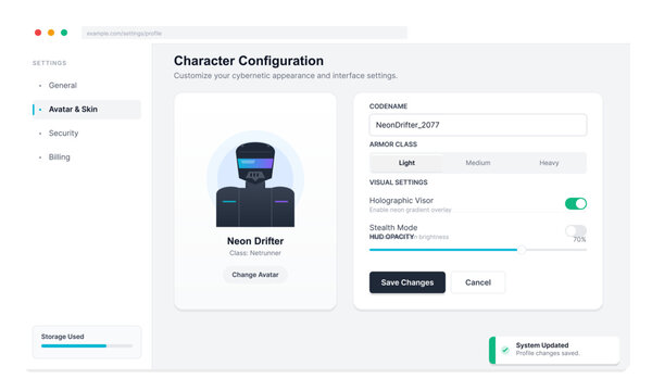 A user interface for character configuration in a digital application, featuring options for avatar selection, armor class, and visual settings like holographic visor and stealth mode.