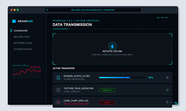 A futuristic digital dashboard interface showing data transmission progress with file uploads, system monitoring graphs, and a dark high-tech user interface design for software.