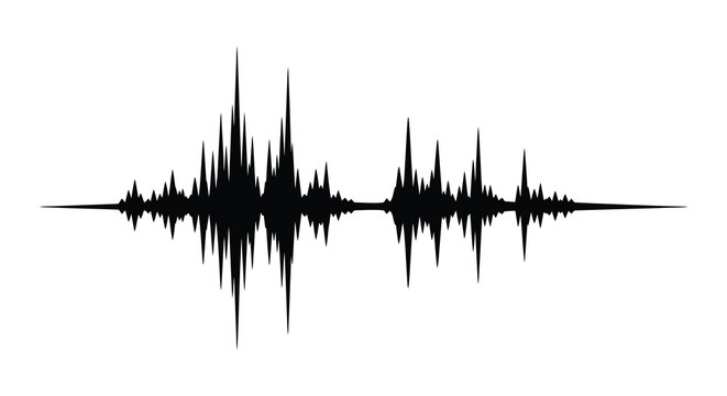 A striking black waveform illustration depicts sound vibrations resembling an audio recording or signal pattern high quality professional