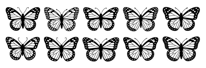 Obraz premium Butterflies outline vector set with ten black ink line art silhouettes, symmetrical wings and decorative patterns, isolated on white for tattoo, logo, stencil, print