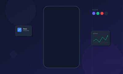 Fototapeta premium A dark blue user interface mockup featuring a central smartphone frame, a status checkmark box, a color palette, and an activity line graph on a minimalist background.