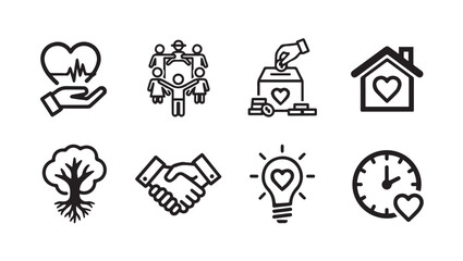Charity and Community Icons: Heart Care, Family, Donation, Home, Tree, Handshake, Idea, Time