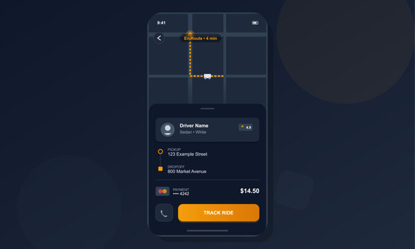 A mobile application interface for a ride-sharing service showing a map with a vehicle route, driver details, pickup and dropoff locations, and a track ride button in dark mode.