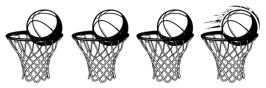 Basketballs swishing through hoops with motion lines and net details in a sequence of four stages featuring basketball, hoop, sports with action and illustration elements for black and white, vector
