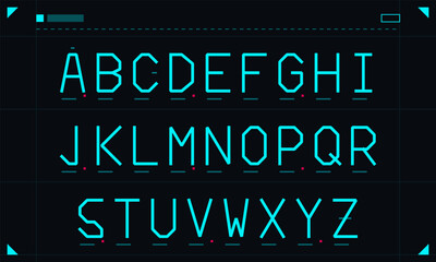 Fototapeta premium A complete set of uppercase English alphabet letters from A to Z displayed in a futuristic, digital font style with cyan lines on a dark background featuring geometric UI elements.