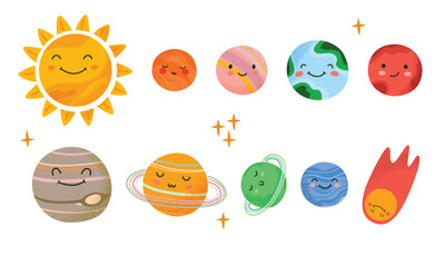 Cute solar system collection with smiling sun, planets, and comet. Kawaii space characters set for kids education, nursery posters, and stickers