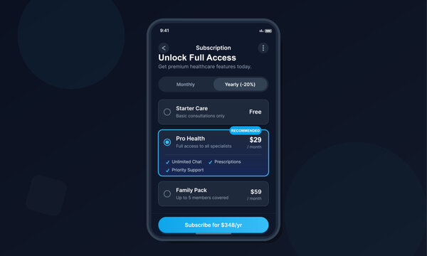 A mobile application interface displays subscription plans for healthcare services on a dark background. It features tiered pricing options including starter, pro, and family packages.