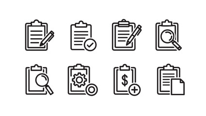 Clipboard Icon Set: Checklist, Pen, Search, Gear, Money, Document Icons