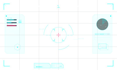 Obraz premium A digital hud interface featuring a cyan circular reticle with a red crosshair in the center. The screen shows target lock status and distance measurements on a white background.