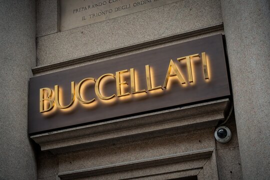 Milan, Italy - 2026, 3 Feb: Elegant Buccellati luxury store with illuminated gold signage and refined architectural details in the heart of the fashion district