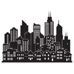 Urban city skyline silhouette featuring diverse skyscrapers and residential houses representing metropolitan living community and real estate landscape in modern downtown district architectural view