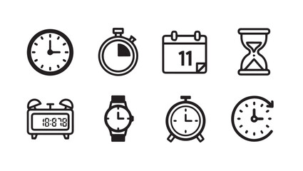 Collection of time icons: clock, stopwatch, calendar, hourglass, alarm, wristwatch