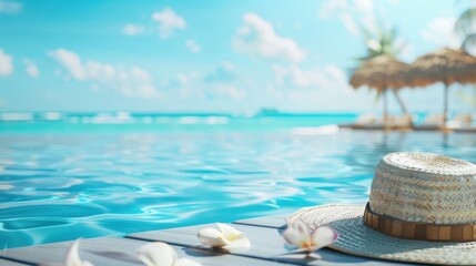 Obraz premium A straw hat rests on a wooden deck beside a clear blue swimming pool. Seashells are scattered nearby. Palm trees and a beach umbrella are visible in the background.