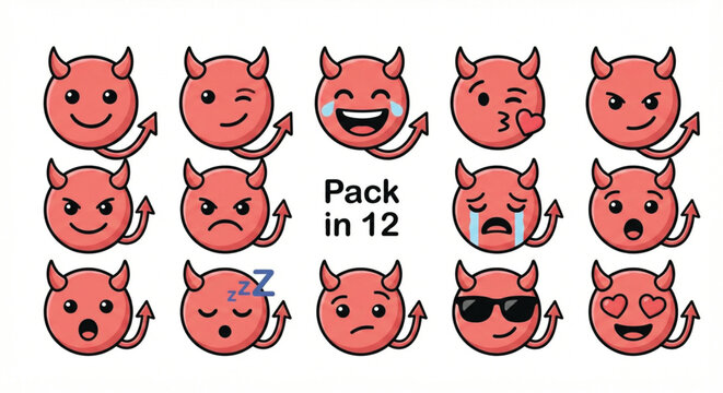 Devil Emoji Faces Pack with 12 Expressions and Emotions