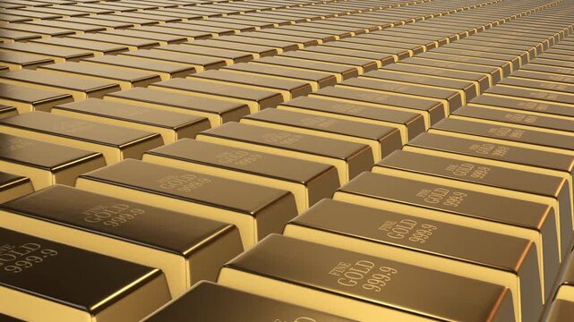 Gold bars are stacked in rows