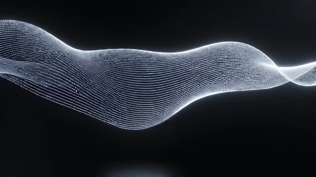 Abstract flowing white light wave on black background.