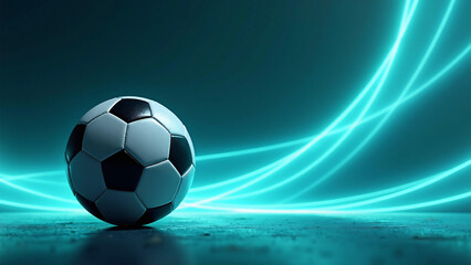 Naklejka premium A soccer ball rests on a dark surface as bright blue light trails swirl around it, creating a futuristic contrast between classic sport and energetic, high‑tech motion. 