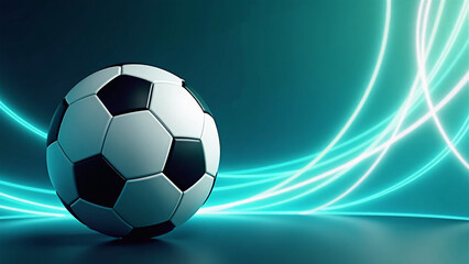 Obraz premium A soccer ball rests on a smooth surface as blue and white light trails sweep behind it, creating a futuristic, energetic atmosphere with clean contrast and modern motion. 