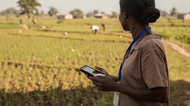 Community health volunteer collecting survey data on a handheld device with blurred farming fields in the background emphasizing rural disease reporting.