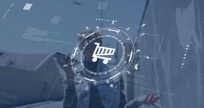 Woman holding phone HUD appearing over torso pulsing cart money or data squares raising gesturing sa