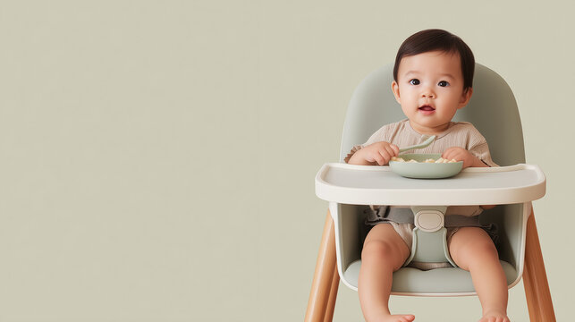 Adorable Asian baby sitting in modern high chair with bowl during mealtime against neutral background