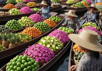 Obraz premium Asian Women Vendors Paddling Boats Laden with Colorful Tropical Fresh Fruits and Flowers at Floating Market in Thailand for Authentic Travel Experience.