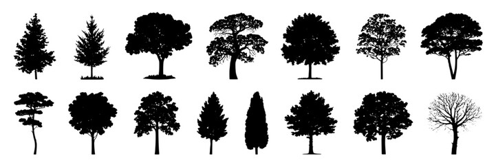 Fototapeta premium Trees silhouette set with various shapes and sizes for nature design projects featuring forest, plants, leaves with branches and black elements for white, vector projects, clean composition on simple