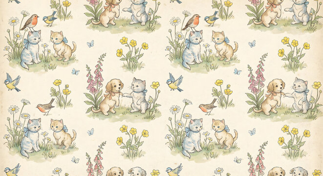 Whimsical seamless pattern featuring adorable kittens and puppies playing in a meadow with spring flowers and birds. Soft watercolor vintage aesthetic for nursery textiles and children's decor.