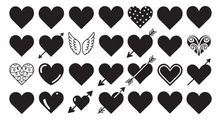 Assortment of heart shapes, simple to ornate, decorated with arrows and wings