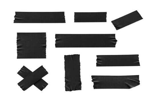 Black matte gaffer tape segments providing strong adhesion and repair, featuring realistic crumpled textures on a transparent alpha channel