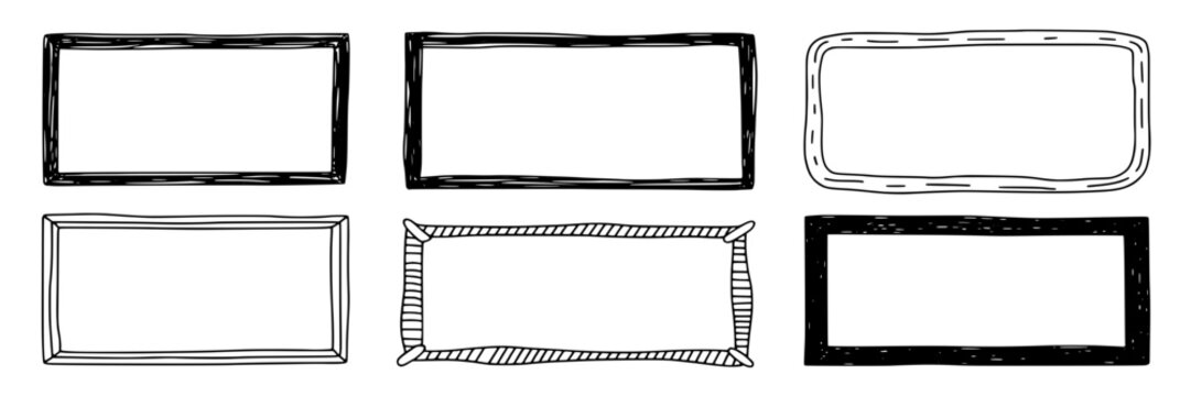Frames hand drawn set with rectangular border shapes, rough sketch ink outlines and doodle boxes for labels, banners, UI placeholders, stickers, and design elements