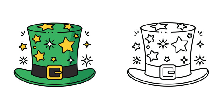 Green Leprechaun hat with magic stars vector. St. Patrick's Day icon. Colored and outline illustration for coloring book page.