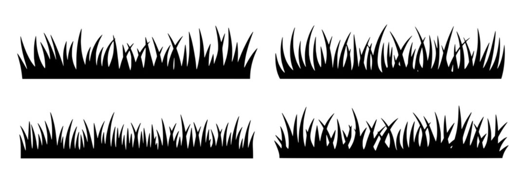 Grass line art set with four different styles of grass blades and base lines featuring vector, illustration, nature with plant and blade elements for black, white projects, clean composition on