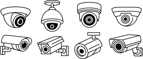 Security surveillance camera line icon set including dome bullet cctv monitoring protection safety system outline technology symbols collection modern security © KagenChandro