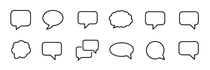 Speech bubbles outline icon set with chat and message balloons in various shapes, minimal black line vector symbols for communication, dialogue, comments, and UI