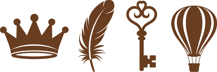 Vintage fantasy silhouette icons featuring royal crown, feather quill, ornate key, and hot air balloon decorative symbol set © KagenChandro