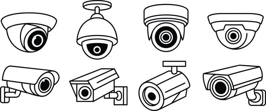 Security surveillance camera line icon set including dome bullet cctv monitoring protection safety system outline technology symbols collection modern security