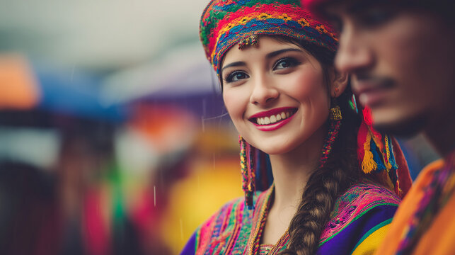 Qoyllur Rit'i, Young woman in traditional Andean festival attire smiling during Qoyllur Rit&rsquo;i celebration surrounded by pilgrims and vibrant cultural decorations