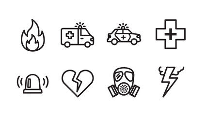 Fototapeta premium Emergency Icons: Fire, Ambulance, Police, Medical Cross, Siren, Broken Heart, Gas Mask, Lightning