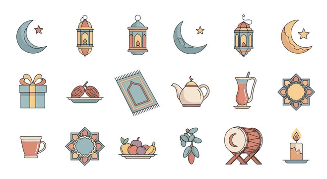 Ramadan Islamic Icons Collection: Moon, Lanterns, Dates, Prayer Mat, Gift, Tea Set