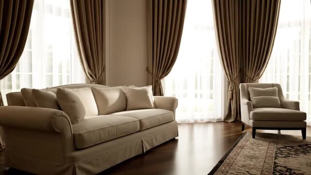 Luxurious living room interior with beige sofa and armchair.