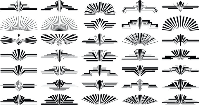 Set of Art Deco geometric dividers and decorative symmetry ornaments, vintage Gatsby style line art borders and architectural design elements vector collection.