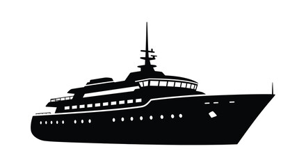A striking black silhouette depicts a large luxurious yacht at sea showcasing its sleek design and grandeur