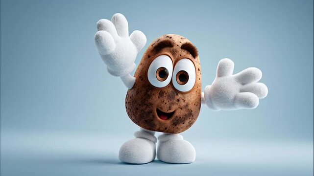 Funny personified potato with big eyes waving a white gloved hand