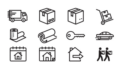 Moving Icons Set: Delivery Truck, Boxes, Key, Calendar, Car, House, People Carry Boxes