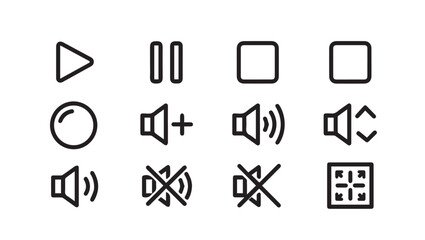 Play Pause Stop Volume Control Icons Collection on White Background Stock Media