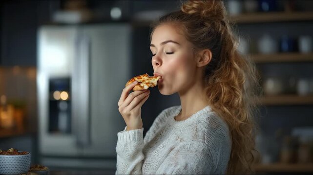 A young female experiencing midnight cravings, indulging in a satisfying comfort snack, enjoying delicious pizza at home, casual evening meal, craving fulfillment