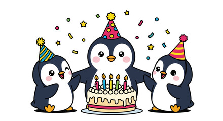 Three penguins celebrate birthday with cake and confetti © SiyamolHasan