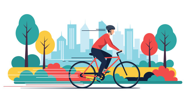 Person cycling fast through a stylized city park with vibrant autumn trees representing urban fitness and movement.