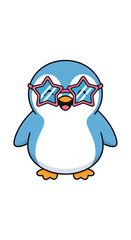 Obraz premium A cartoon penguin wearing star-shaped sunglasses standing on a white background, illustrated in a playful style